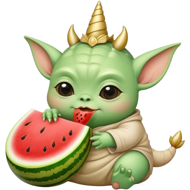 Fat baby Yoda eating watermelon and chicken on a unicorn emoji