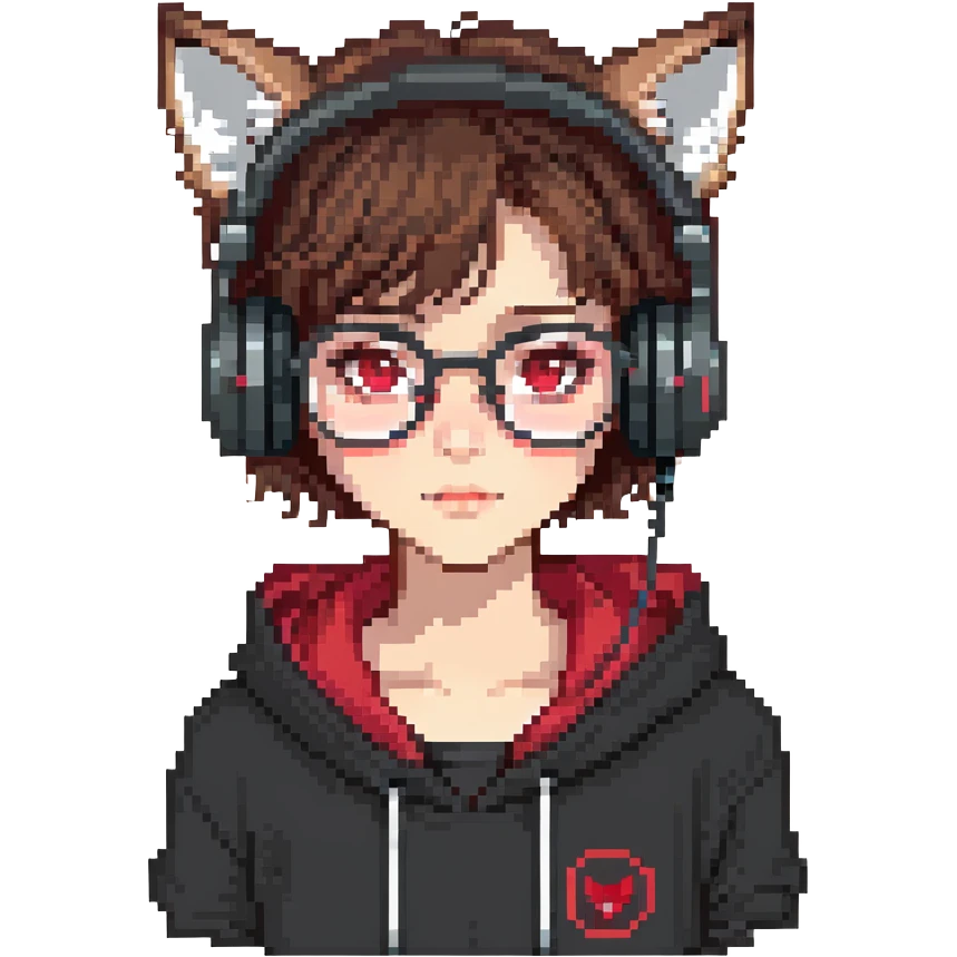tan brunette girl with a short wolf haircut, round ruby glasses, black headphones, and a black hoodie emoji