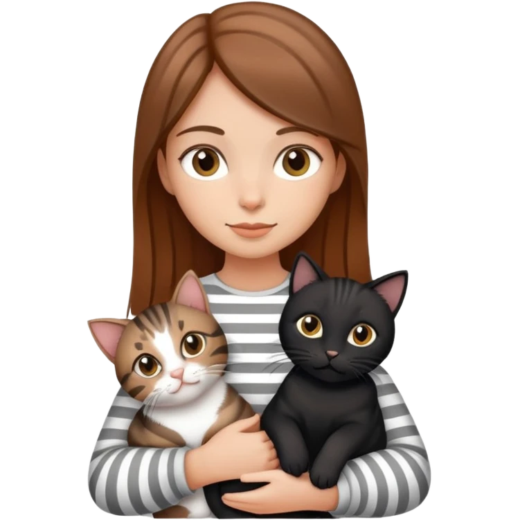 tan brown-haired girl holding two cats, one black cat and one grey-striped cat emoji