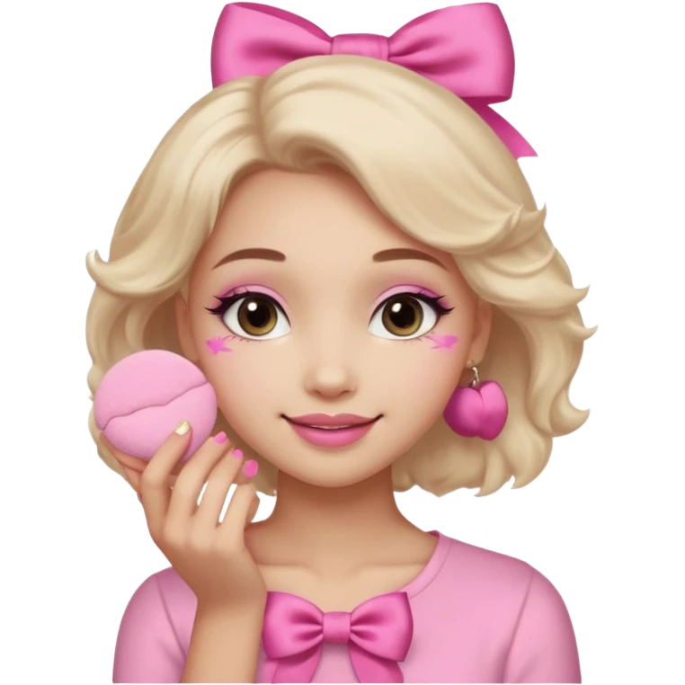 female face, light skin tone, small simple closed smile. One hand visible holding a round fluffy pink makeup powder puff pressed to the cheek; the puff has a small satin bow. emoji