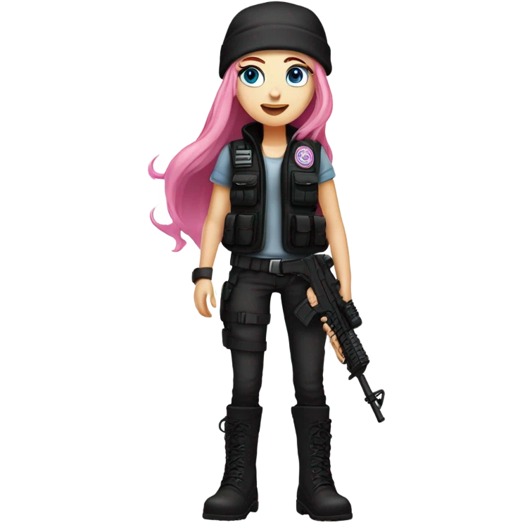 girl, white skin, tactical vest, dark pants, long pink hair, blue eyes, black beanie hat with crescent moon on front, black combat boots, gun, full body emoji
