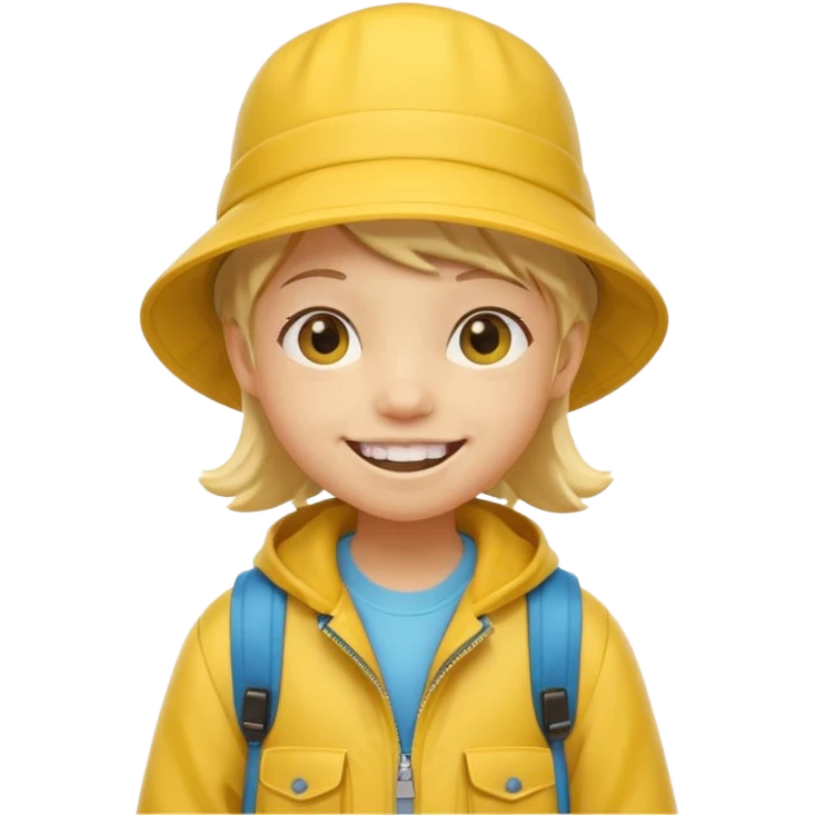 Little student wears yellow bucket hat and jacket, backpack, happy emoji