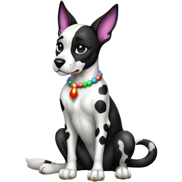 cinematic-[harlequin dane]-realistic-full-body-sitting-emoji,-tail-resting-loosely-beside-its-paws,-head-tilted-dramatically, ears drooped, -sleek-[black and white]-fur,-simplified-yet-realistic-focused-features,-highly-detailed,-glowing-with-an-almost-sarcastic-glow emoji