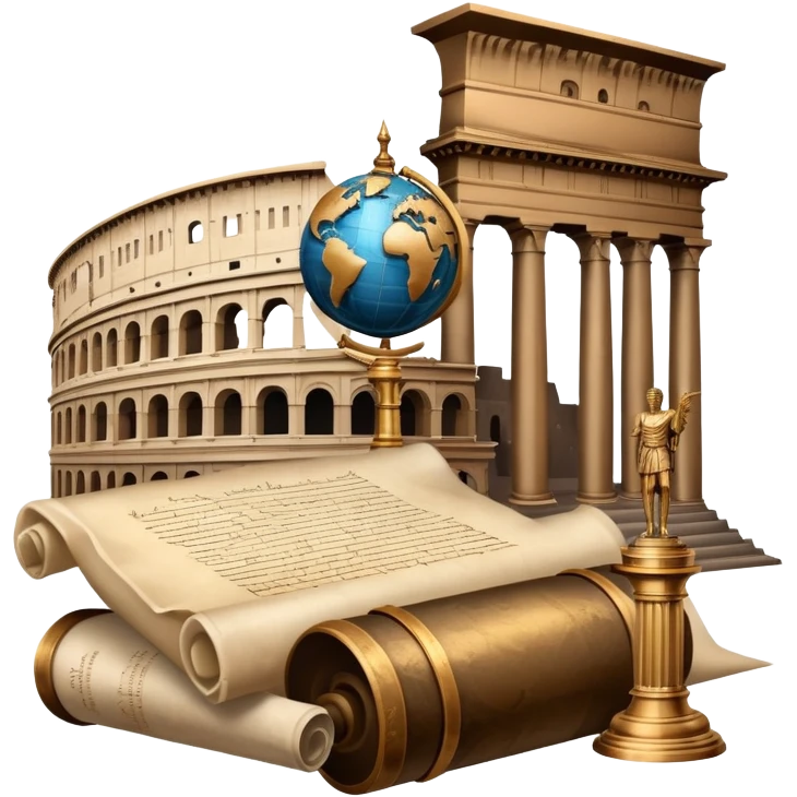 An icon featuring an ancient scroll, a quill pen, and a globe, surrounded by famous historical landmarks and statues of notable figures, like the Colosseum or Napoleon. The design symbolizes the exploration of history through monuments and people. Transparent background highlights the past emoji