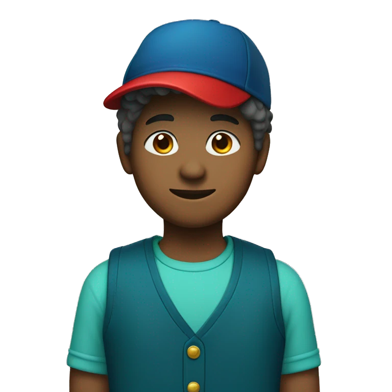 12 year old with a dark blue vest, a red shirt, and a teal hat with a pine tree on it emoji