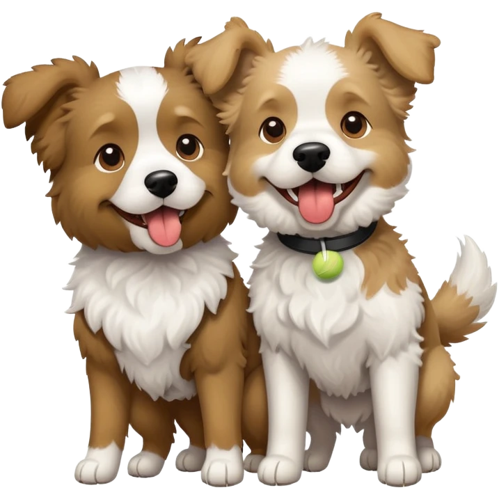 Two playful doodle-like dogs: one dog light brown with a tennis ball in its mouth, the second is a black and white with a fluffy coat. emoji