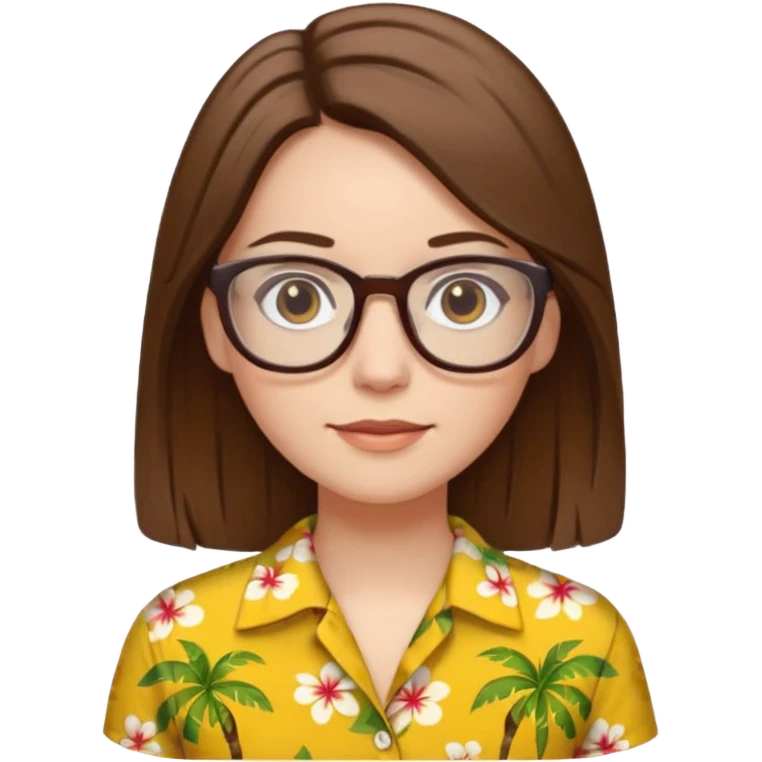Hawaii female with white skin. Shoulder length straight brown hair. Brown eyes with glasses. Female wearing yellow Hawaiian print shirt. emoji