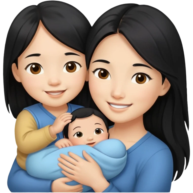 Beautiful Asian girl with long black hair and brown eyes holding baby boy in her arms emoji