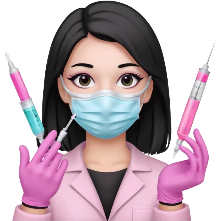 laboratorista con guantes rosa pastel y mascarilla rosa pastel jeringa tubo laboratorio sin lentes pelo lacio negro y largo ojos negro cabello largo emoji