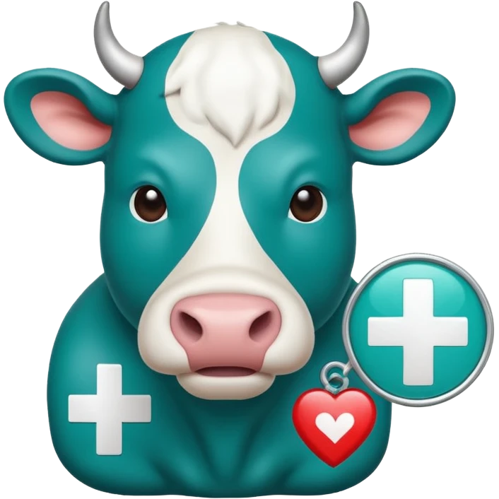 Emoji-style icon of a cow and buffalo with a medical cross and warning pulse or health indicator, showing disease detection. Simple emoji design, teal and white theme, no text, transparent background. emoji