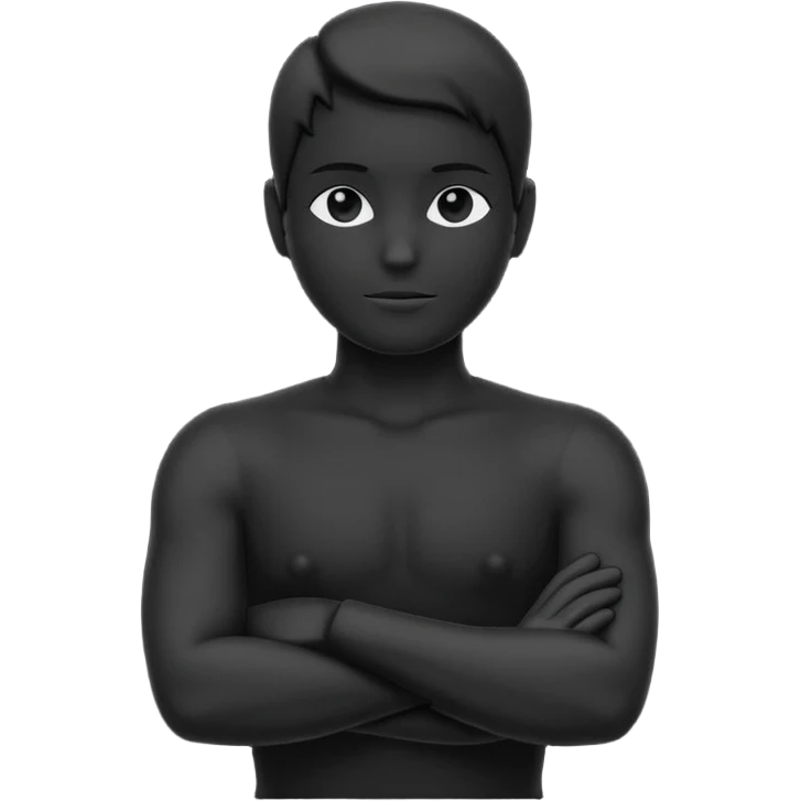 Minimalist human silhouette, upper body only, arms crossed, no facial features, solid dark shape, flat icon style, centered, transparent background emoji