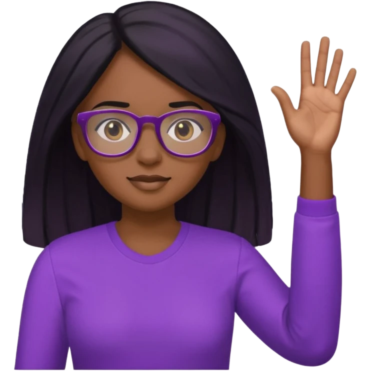 black girl raising her hand, wearing glasses and a purple shirt with long black hair emoji