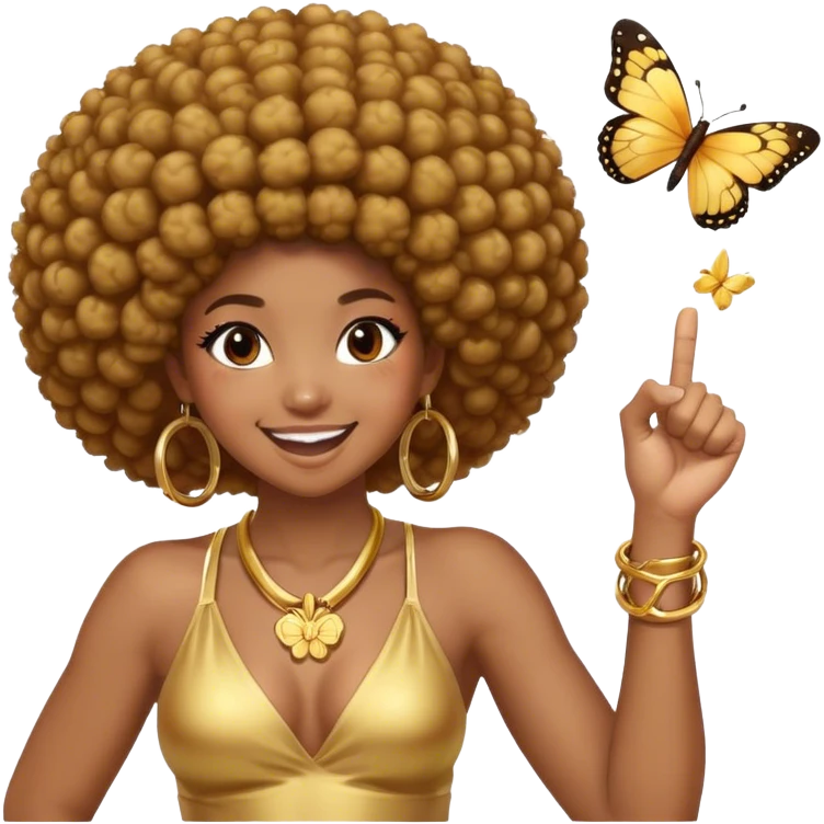 Brown skin girl with gold hoops and a Afro with butterflies wearing a gold ring smiling with her right fist balled up in a fist in the air  emoji