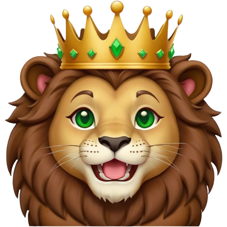 Lion with a crown and makeup with green eyes laughing and eating chocolate  emoji