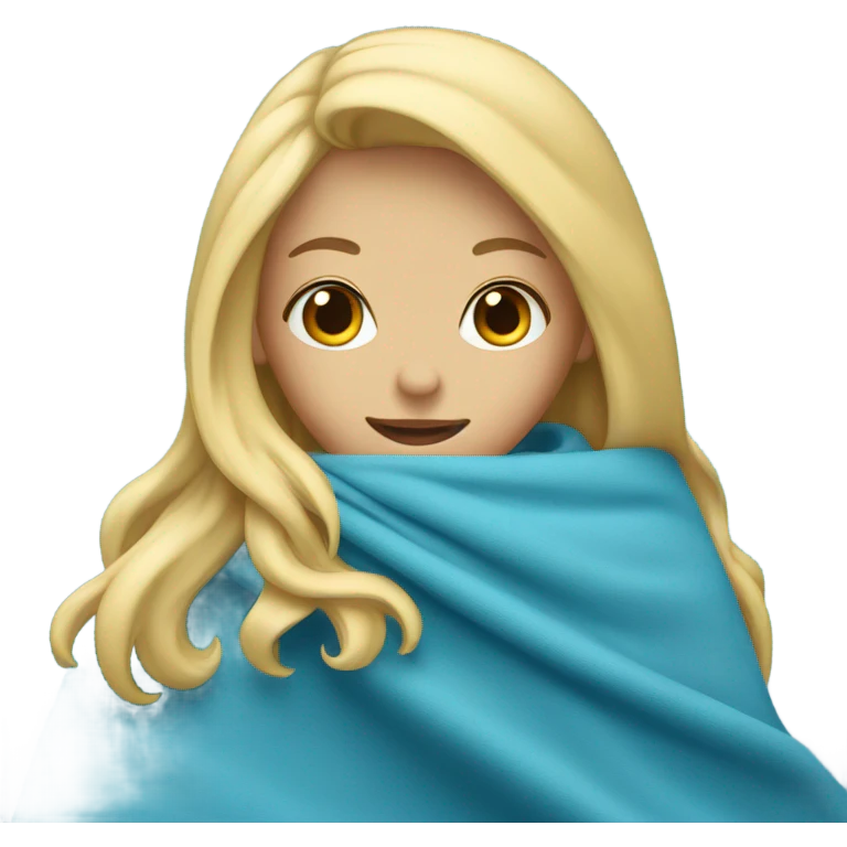 A blonde girl is covered with a blue blanket emoji