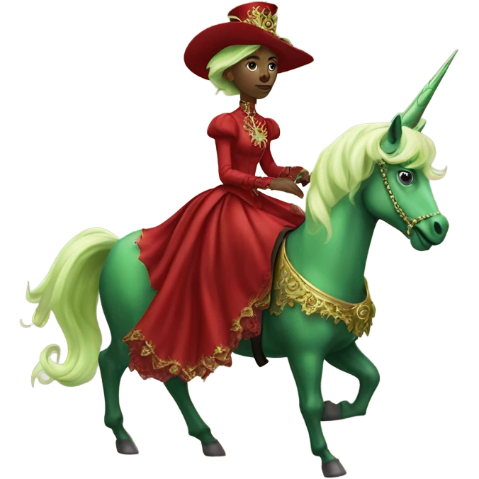 "galora green blonde alien woman" in red Victorian elegant dress, full body, rides unicorn gold
(NO WOKE)
 emoji