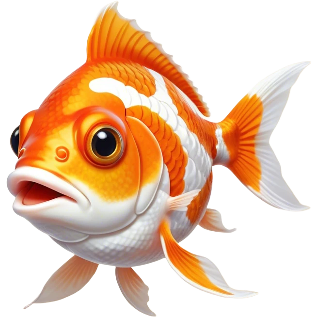 Cinematic Comical Orange and White Goldfish Portrait Emoji, Head tilted dramatically with an exaggeratedly amused expression, featuring a striking body with bold orange and white patterns, wide, expressive golden eyes filled with playful disbelief, Simplified yet hilariously expressive features, highly detailed, glowing with a slightly sassy glow, high shine, dramatic yet playful, stylized with an air of cheeky mischief, bright and endearing, soft glowing outline, capturing the essence of a spirited and over-the-top goldfish, so meme-worthy it feels like it could side-eye its way into internet fame instantly! emoji