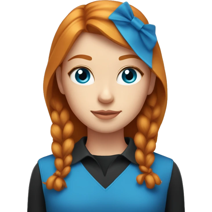 A ginger straight hair girl with blue eyes and a black cat whit blue collar  emoji