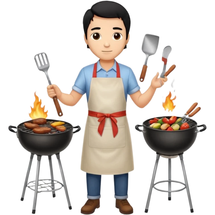 man cooking barbecue full-body black hair light brown skin emoji