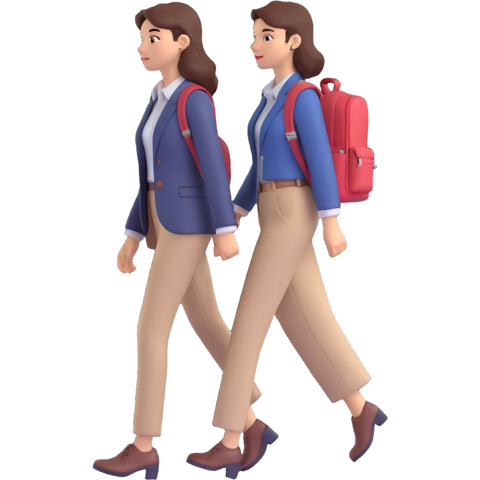 a woman walking with a backpack, business casual attire, purposeful walk, modern look emoji