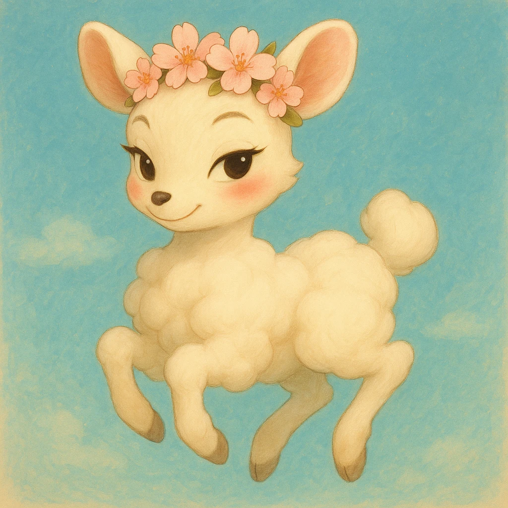 Transform this feminine vanilla cloud doe with rosy cheeks and cherry flowers on its head, floating gracefully, into a soft Ghibli-inspired style while keeping Pixar-inspired charm. Emphasize confidence, charm, and subtle allure, suitable for a social media brand mascot. The result should be dreamy, whimsical, and elegant, blending Ghibli and Pixar influences for brand identity. emoji