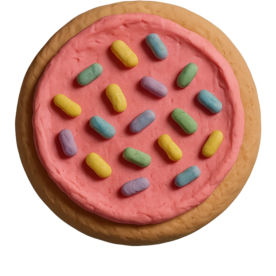 sugar cookie with pink frosting and pastel sprinkles emoji