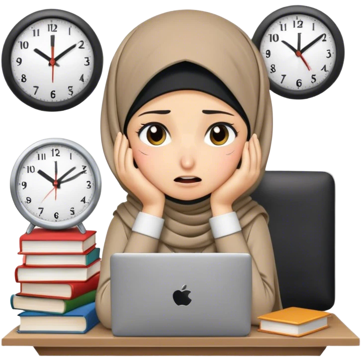 hijabi girl, books, pc, clock looking super stressed, suffering and crying emoji