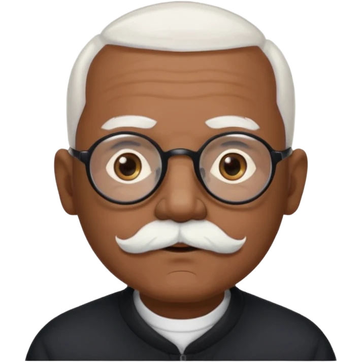 an elderly man with medium-dark skin tone, bald on top with short white hair at the sides, thick white eyebrows, large brown eyes, and wears black-framed glasses.
A small white beard sits above his mouth emoji