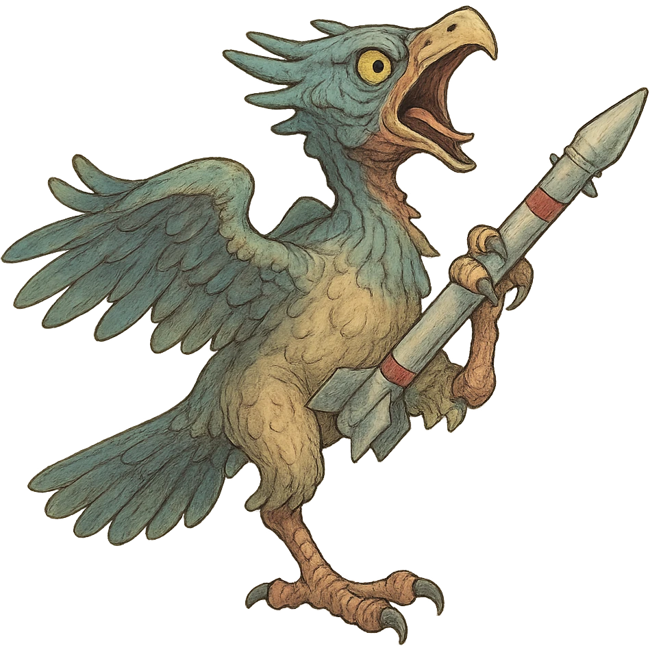 an insignia for a flag: a strange foreign alien bird creature, gripping a sidewinder missile in its' powerful claw, standing up on its' other claw, cawing fiercely
 emoji