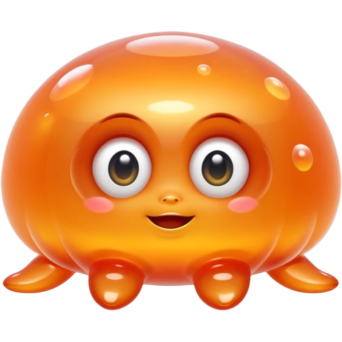 a combination of a water droplet and a ghost tail.
The bottom part is softly squished and slightly curled like a tail
floats in the air with no feet, has small round hands like jelly
Ieyes are large, round, and sparkle like jelly marbles.
The character has a translucent jelly-like texture. emoji