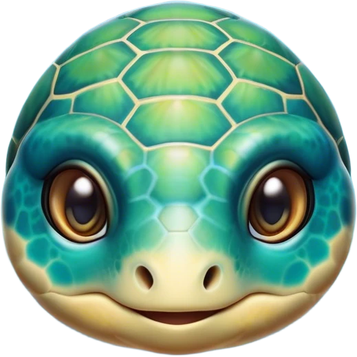 Cinematic Cute Sea Turtle Portrait Emoji, Head tilted playfully and inquisitively, featuring a charming, compact form with a beautifully patterned, domed shell and gentle, sparkling eyes full of oceanic wonder, Simplified yet irresistibly adorable features, highly detailed, glowing with a warm, friendly sea glow, high shine, affectionate and lively, stylized with a touch of whimsical marine charm, soft glowing outline, capturing the essence of a mischievous yet loving sea turtle that seems as if it could swim out of the screen into your arms! emoji
