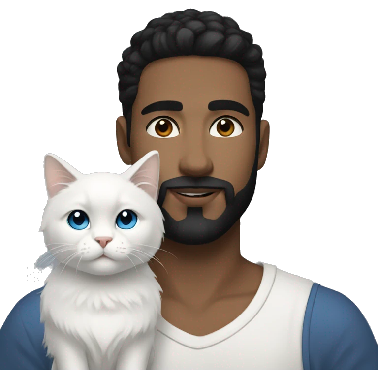 A guy with a black earing and black short hair and black beard and holding a all white Siberian cat with blue eyes  emoji