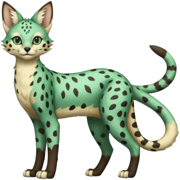 Epic complex detailed dark-emerald-green dark-brown beige pastel realistic aesthetic-scenic-Fakémon-Sprigatito-Floragato-Meowscarada-Trico-Sergal-Serval-Vernid-creature (full body) emoji