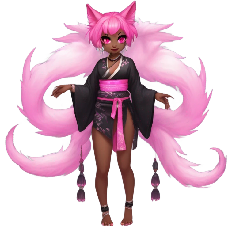 Full body female, succubus kitsune, neon pink eyes, vibrant pink hair, alabaster skin, fluffy black tails, pink tail tips, spiked choker, unique heritage, seductive charm, rebellious spirit, traditional kimonos, spiked anklets, and Barefoot 
 emoji