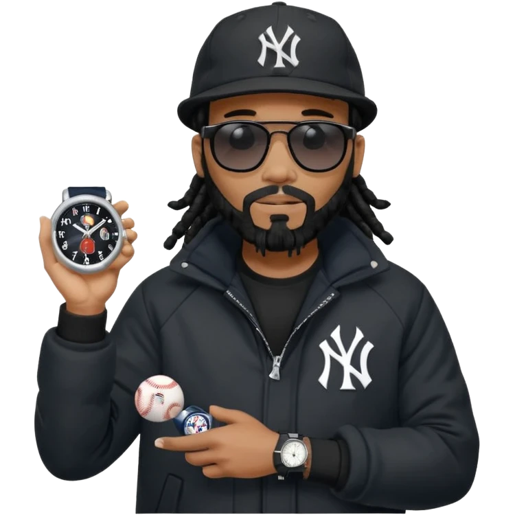 African American Man with shoulder length black dreadlocks with black beard wearing black sunglasses wearing a black bubble winter coat and a New York Yankees logo baseball cap checking the time on his wrist watch emoji