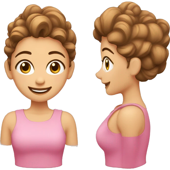 mujer con pelo castaño ondulado, ojos marrones, ambo rosa, sonriendo, brazos cruzados emoji