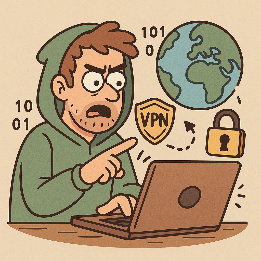cartoon style globe with VPN spoofing and digital security emoji