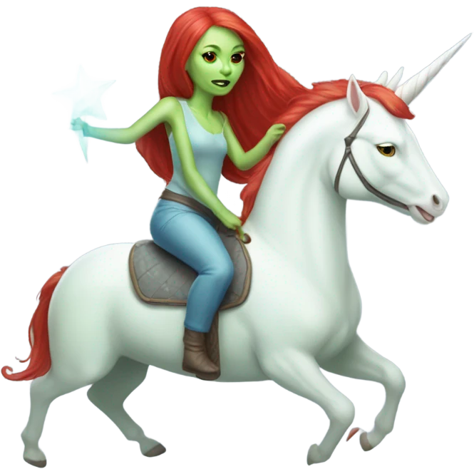 [politically incorrect
	{ woman: alien, color: light green, hair:red, eyes:cat} ]
	on a 
	[{ unicorn: white, legged:four, mane: light blue }] emoji