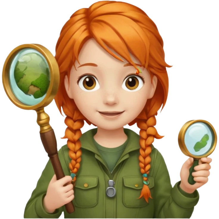 braid orange haired girl kid in moss green explorer outfit, holding magnifying glass emoji