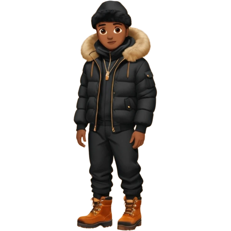 Handsome Black grown man with brown skin tone, wear black joggers, a black bubble coat with a fur brim on the hood, and buckwheat timberland boots emoji