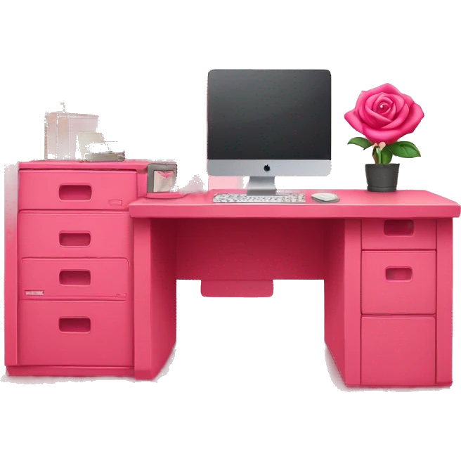 Rose red pink desk with shelves + rose red computer on top of desk.  emoji