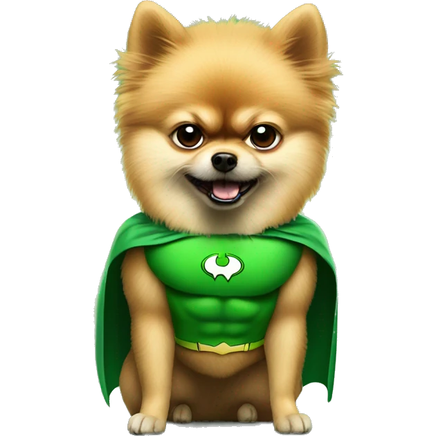 angry pomeranian in green superhero suit emoji