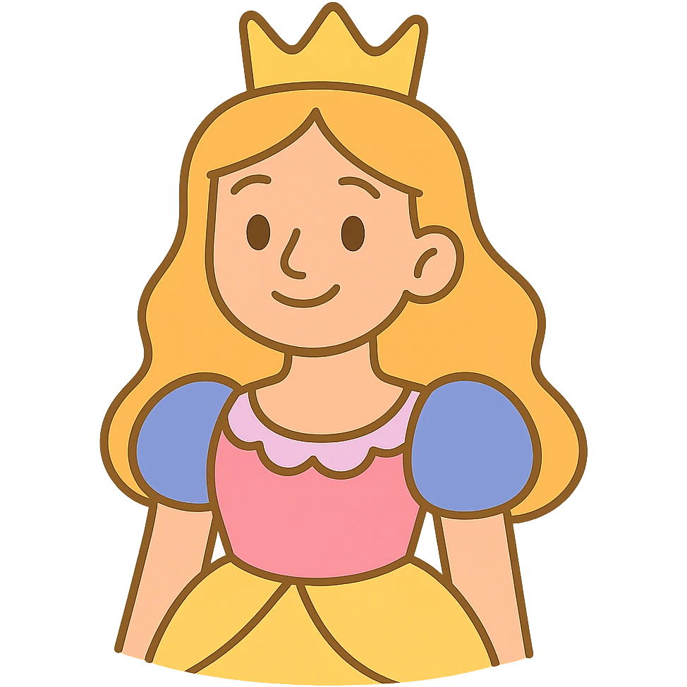 cartoon-style princess emoji with long hair, wearing a golden crown, smiling softly, dressed in a royal gown, pastel toon style emoji
