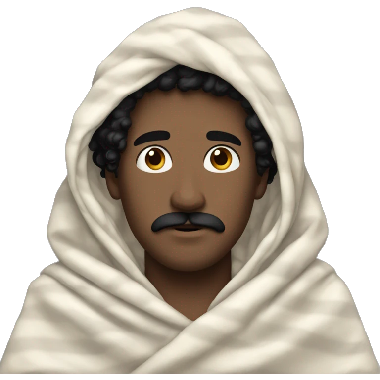 Pale white man, black curly hair and black mustache, wrapped in a blanket emoji