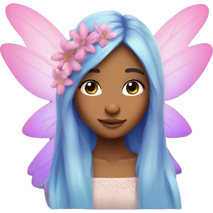 Beautiful, flower, fairy, pink, blue, purple, long hair, tan skin emoji