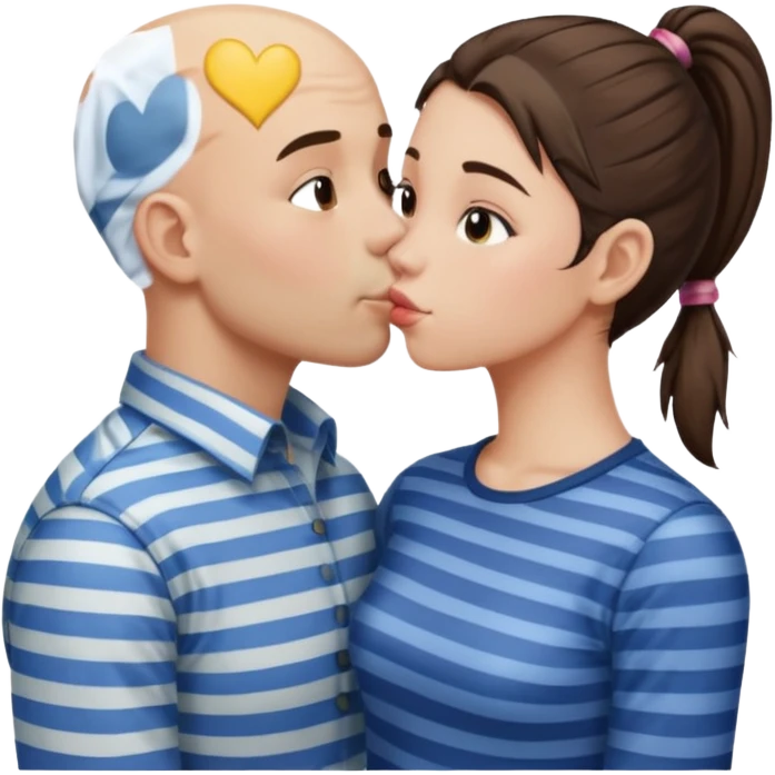 Tall Bald boy kissing a brunette girlie girl with a ponytail with a striped shirt emoji