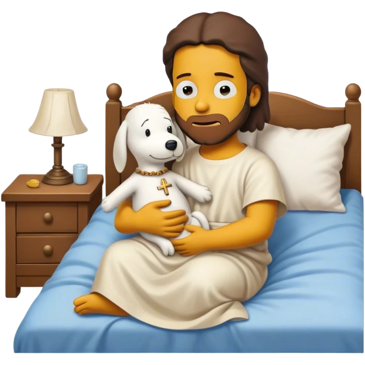 Bart Simpson dressed like a Jesus Christ and baby Snoopy on bed village cute hug  emoji