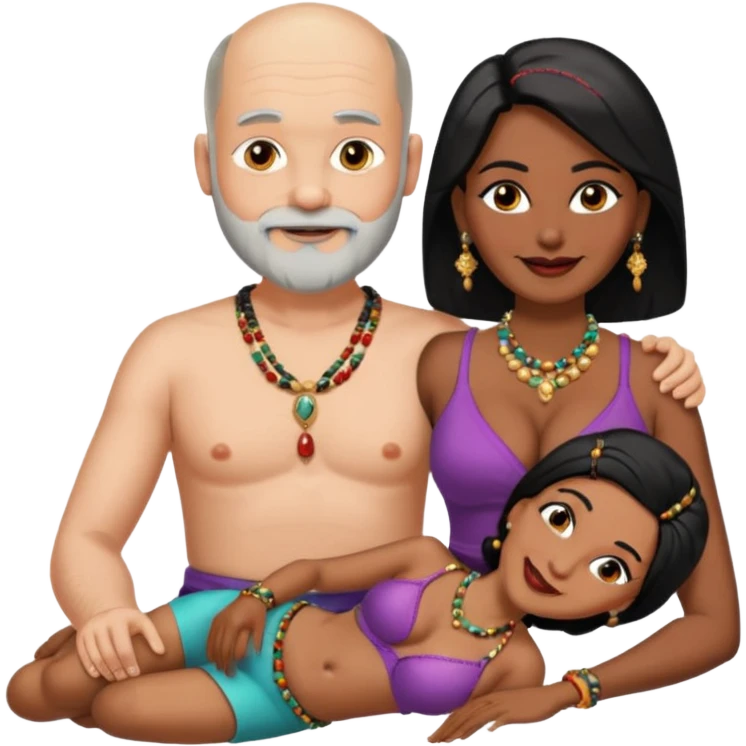 A balding man in his 60s with a grey beard lying on the thighs of a woman in her 40s with dark black hair parted in indian woman style wearing a beads chain  with the cleavage of the woman visible in both must be blissfully smiling emoji