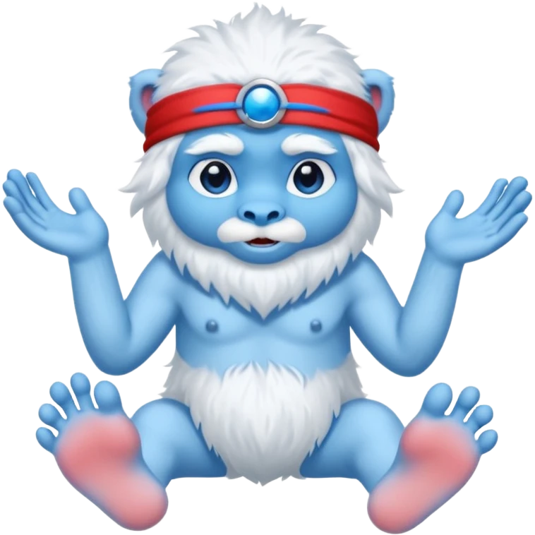 un yeti blanc avec des main et pied bleu et son nez bleu aussi , il a aussi els yeux bleux , et porte un bandeau rouge  emoji