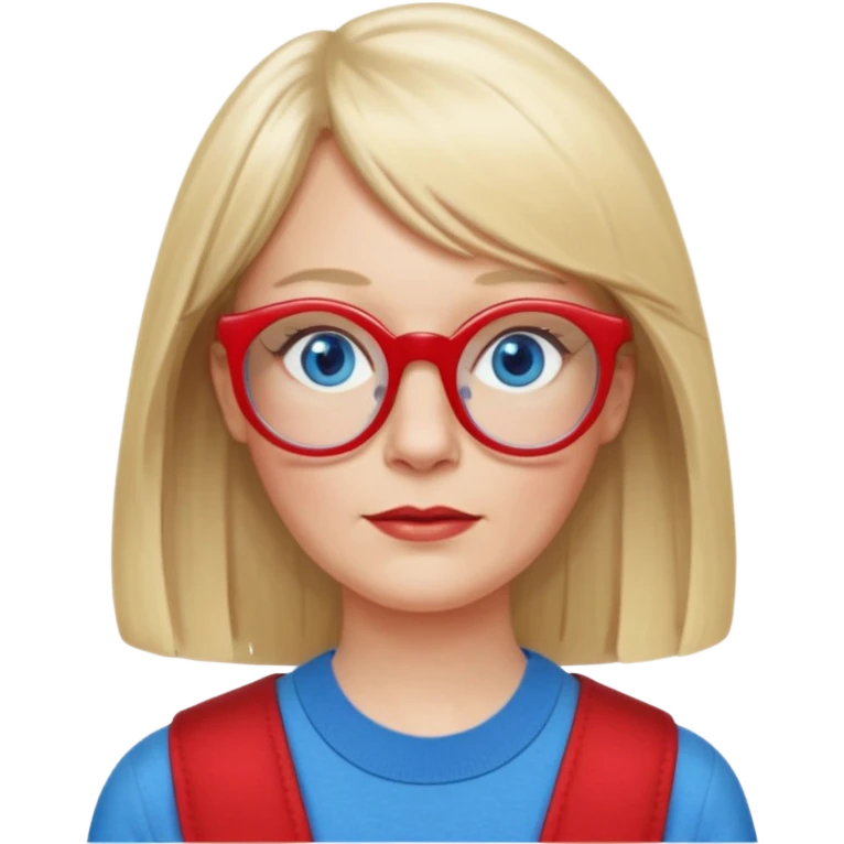 50 yr old white woman, pale skin, long straight blond hair parted in center, blue eyes, bangs, clothes for school, big red glasses, oval face,  emoji